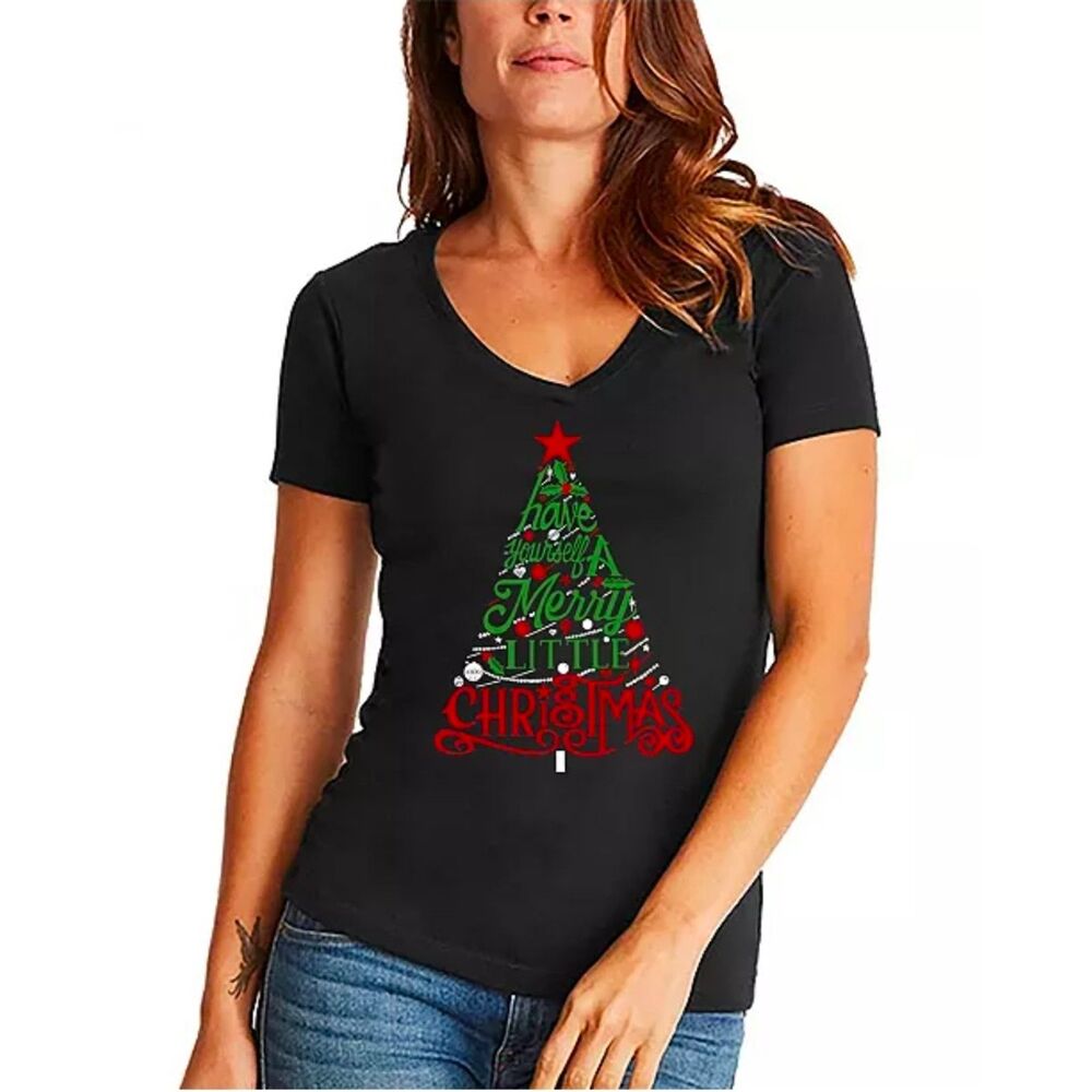 LA Pop Art Black Christmas Tree Word Art V-Neck Shirt Size L NWT